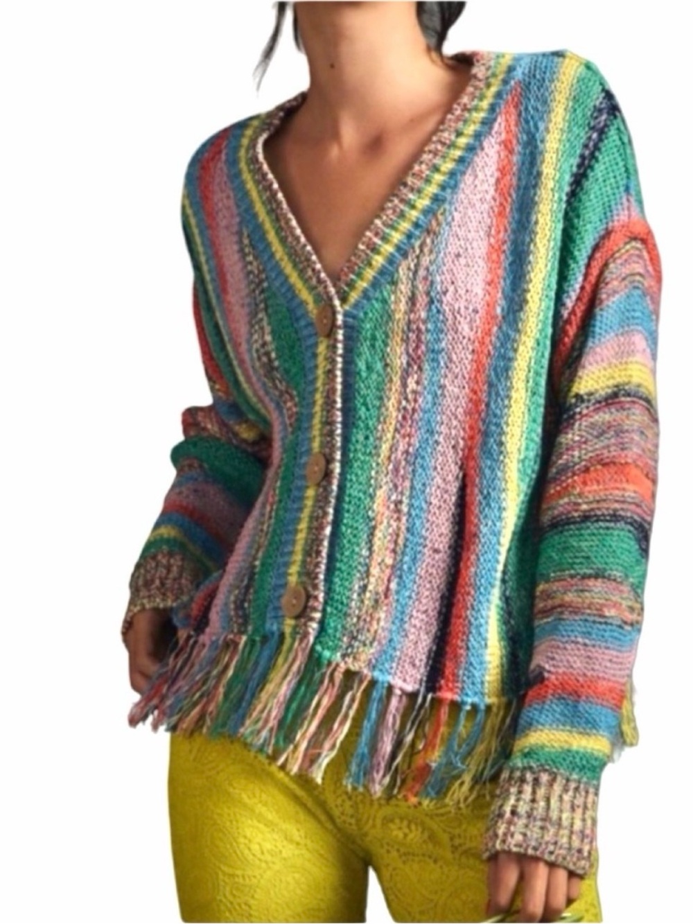 Pilcro Pastel Multicolor Striped Fringe Cardigan
